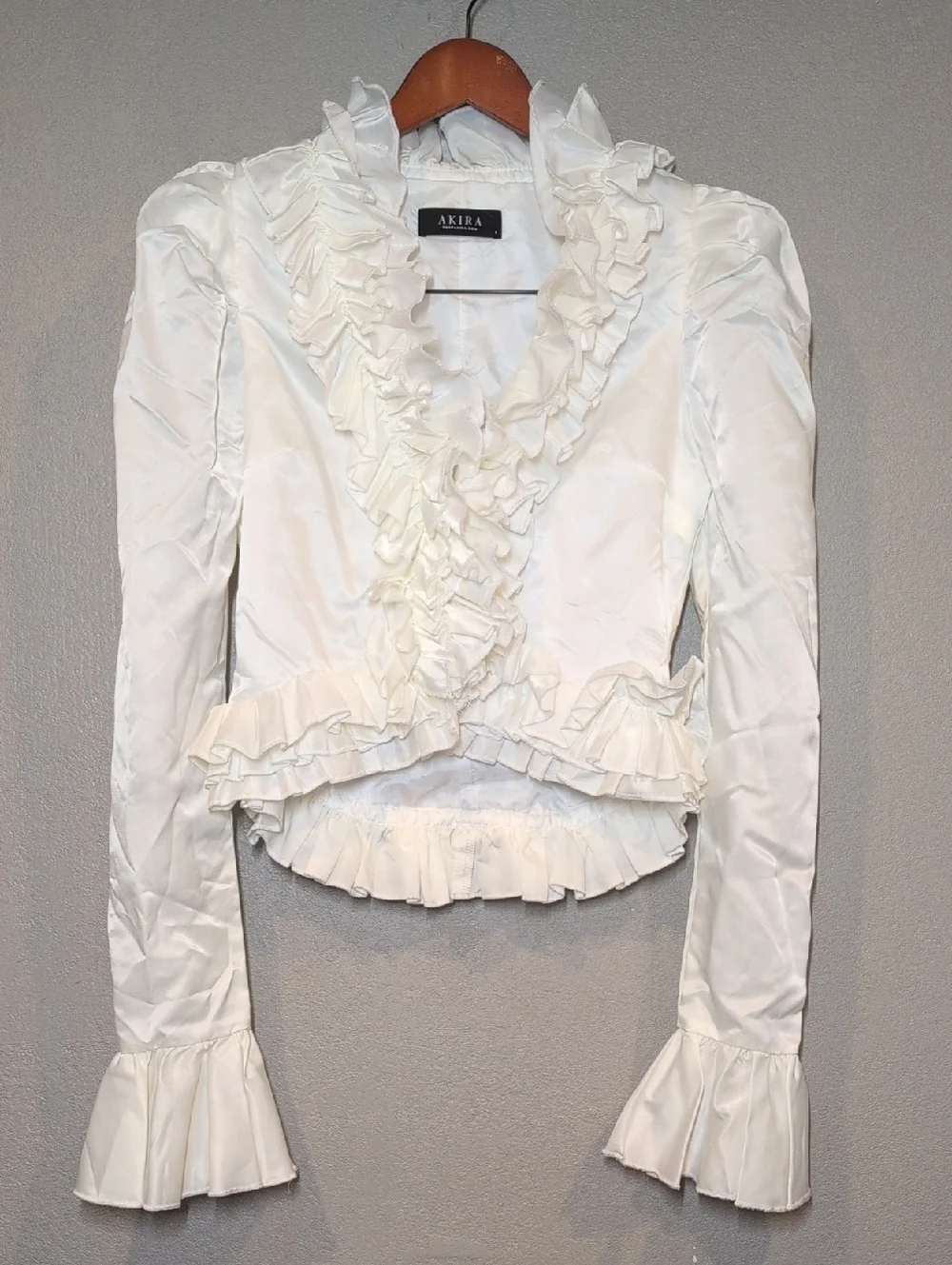 AKIRA Bridal Wedding Whimsical Cream Ruffle Satin Peplum Blouse - Picture 1 of 7